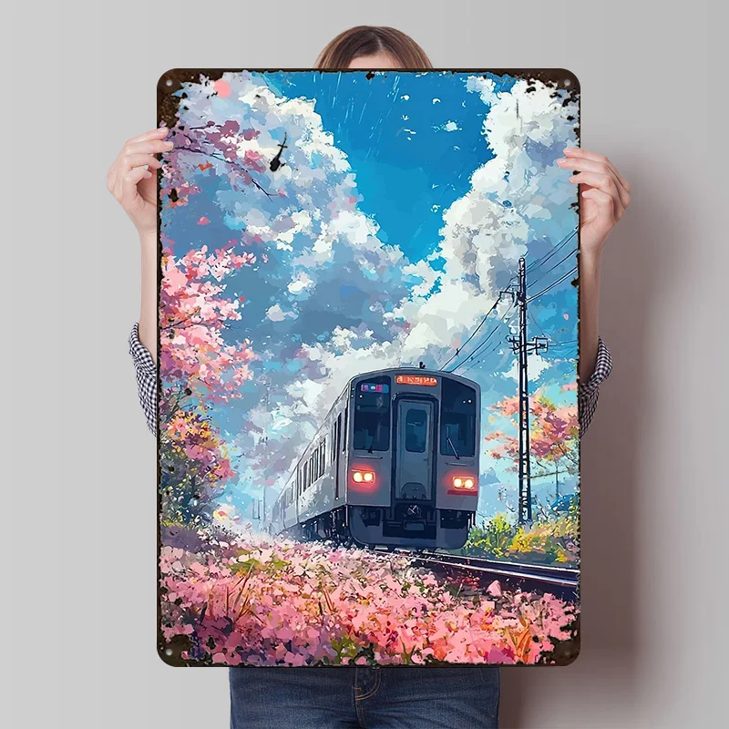 Train Passing Through Cherry Blossoms Metal Poster Customized Wall Art Retro Vintage Metal Tin Signs for Decoration Living Room