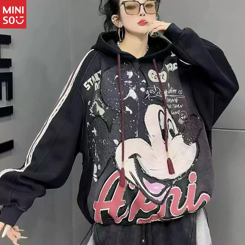 

Disney 2025 Hoodie Women, Korean Loose Graffiti Print, Colorblock Pullover Sweatshirt
