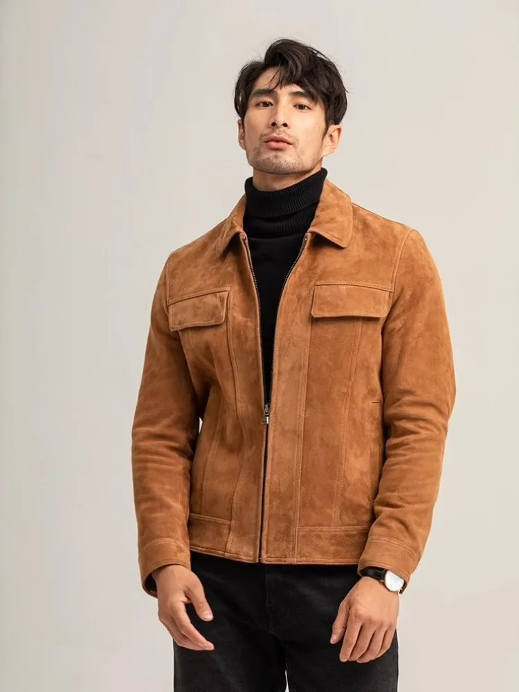 Vintage Suede Sheepskin Motorcycle Short Coat Zipper Mens Genuine Leather Jacket Lapel Long Sleeve Street Autumn Outerwear Male