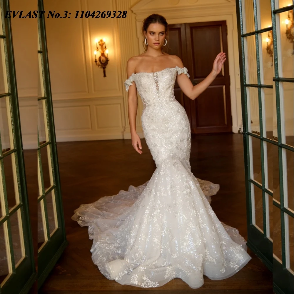 

EVLAST Customized Vintage Mermaid Wedding Dress Off Shoulder Lace Applique Beading Bridal Gown Robe De Mariee Vestidos E3W60