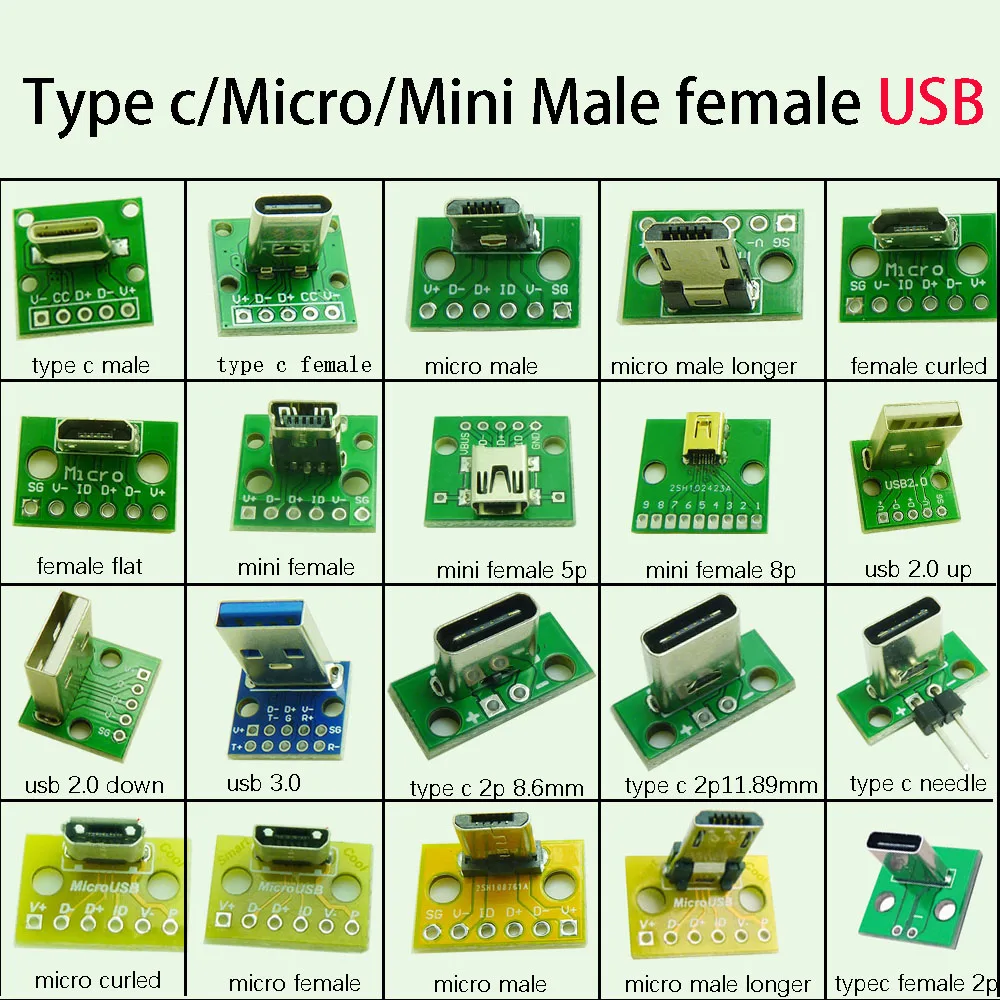 1PC USB 2.0 3.0 PCB Connector Type c Micro Android Mini Male Female Charging Data Electronic Test Board DIP 2.54mm 2 5 6 8Pin