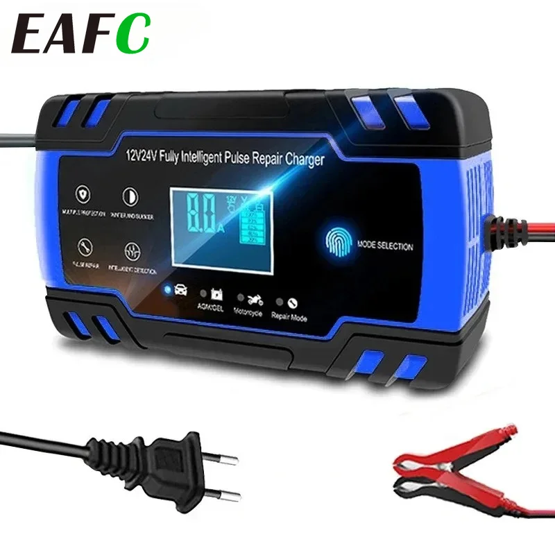 8A 12V/24V Vollautomatische Batterieladegeräte mit Digital-LCD-Anzeige, Autobatterieladegeräte, Power-Puls-Reparaturladegeräte für Nass- und Trocken-Blei-Säure-Batterien