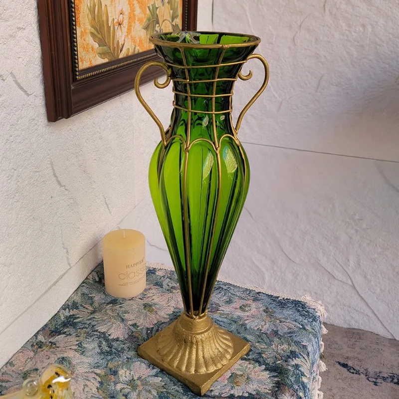 Creative small mouth vase ornament hydroponic glass living room transparent flower arrangement home retro European simple TV cab