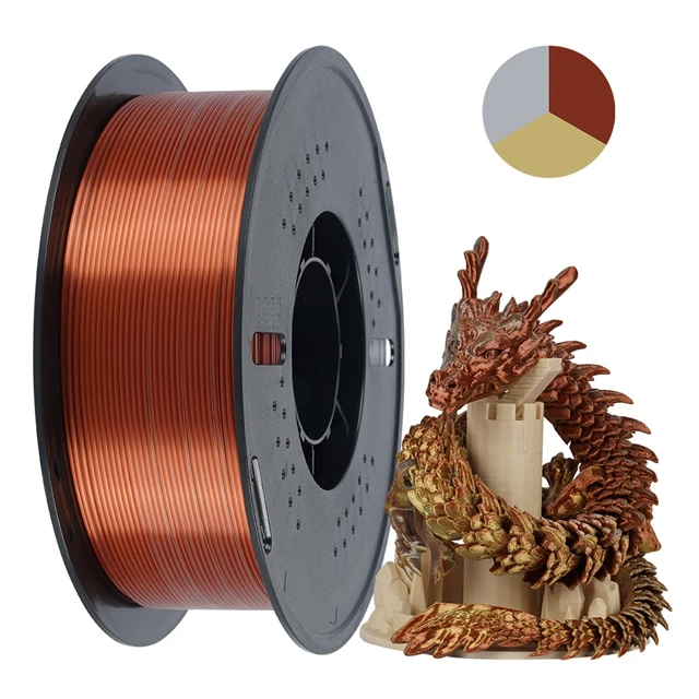 KINGROON Zijde PLA-filament 1,75 mm 1 kg, driekleurige tweekleurige 3D-printerfilament Glanzend verbruiksartikelen 2,2 lbs spoel, voor FDM 3D-printer