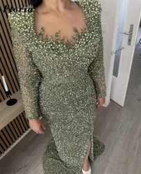 Green Evening Dresses Muslim Dubai Long Sleeves Birthday Engagement Dress 2024 Beaded Sequins Wedding Party Gowns For Women Robe