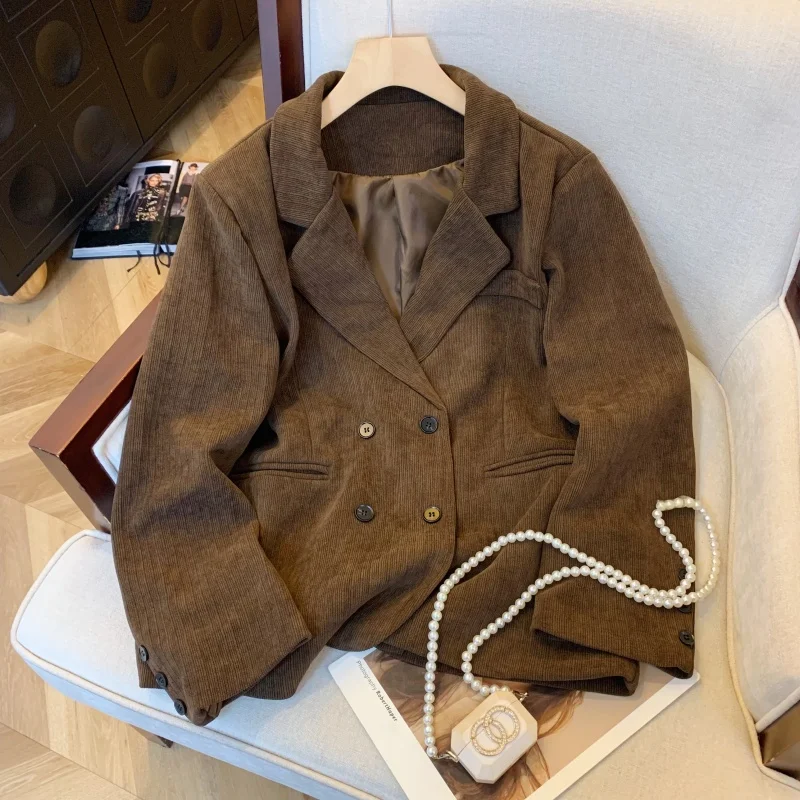 Real Shot Coffee-colored Corduroy Blazer for Women Autumn/Winter 2024 Korean-style Double-breasted Casual Slim-fit Jacket Coat