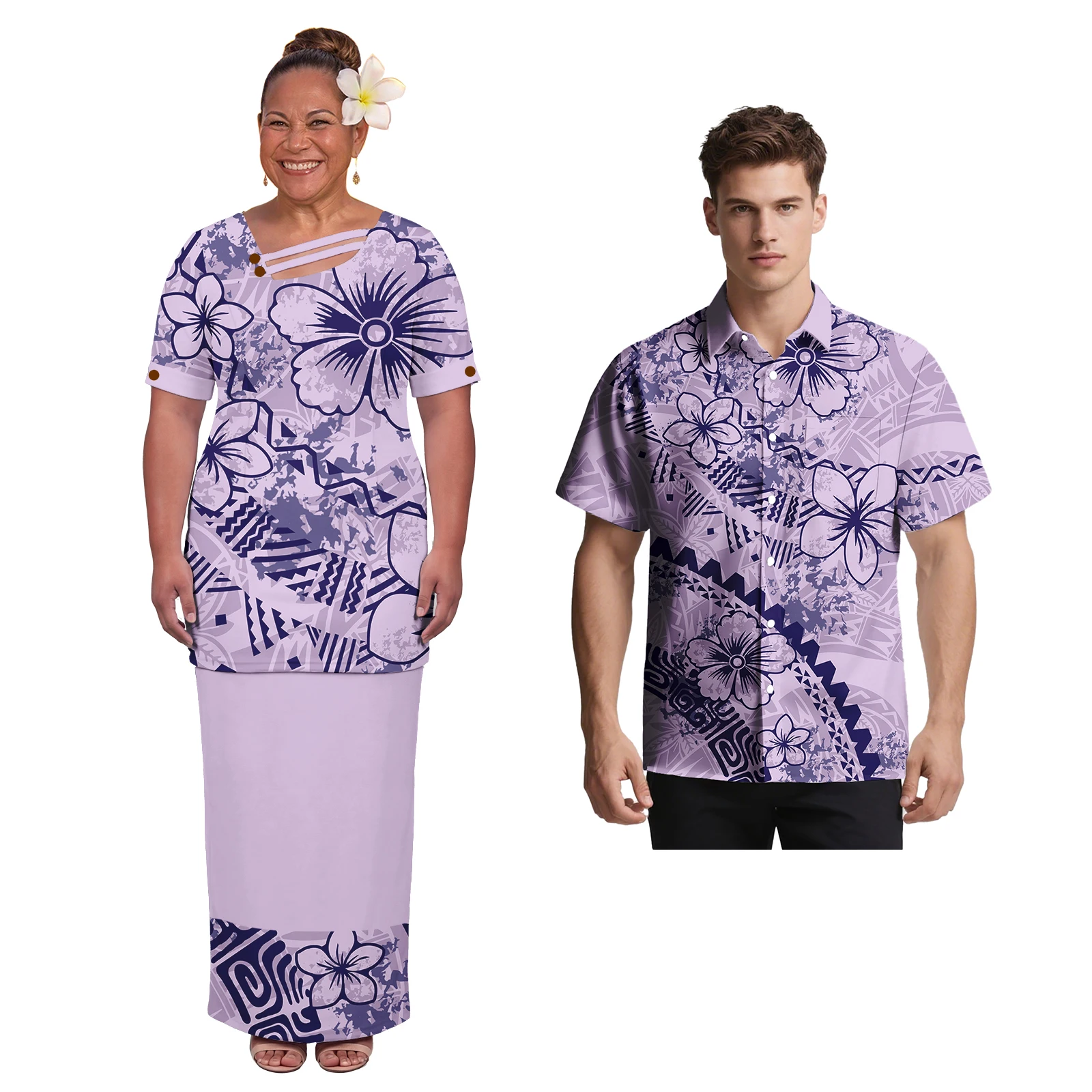 Latest Design Polynesian Women Asymmetric Neckline Puletasi Dress Men Beach Casual Shirts Samoan Church Matching Couple Outfits