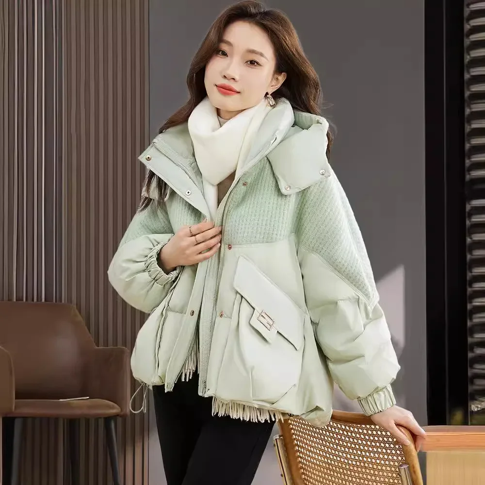 Casaco grosso solto de algodão feminino, jaqueta quente com capuz, curto, high-end, moda, inverno, 2024