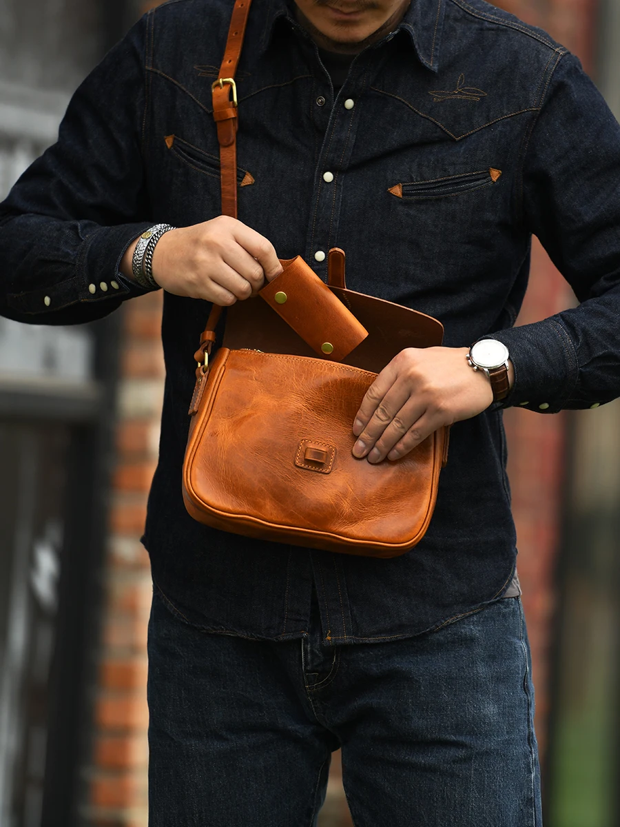 Simple vintage high quality vegetable tanned cowhide men's shoulder bag outdoor travel luxury genuine leather crossbody bag