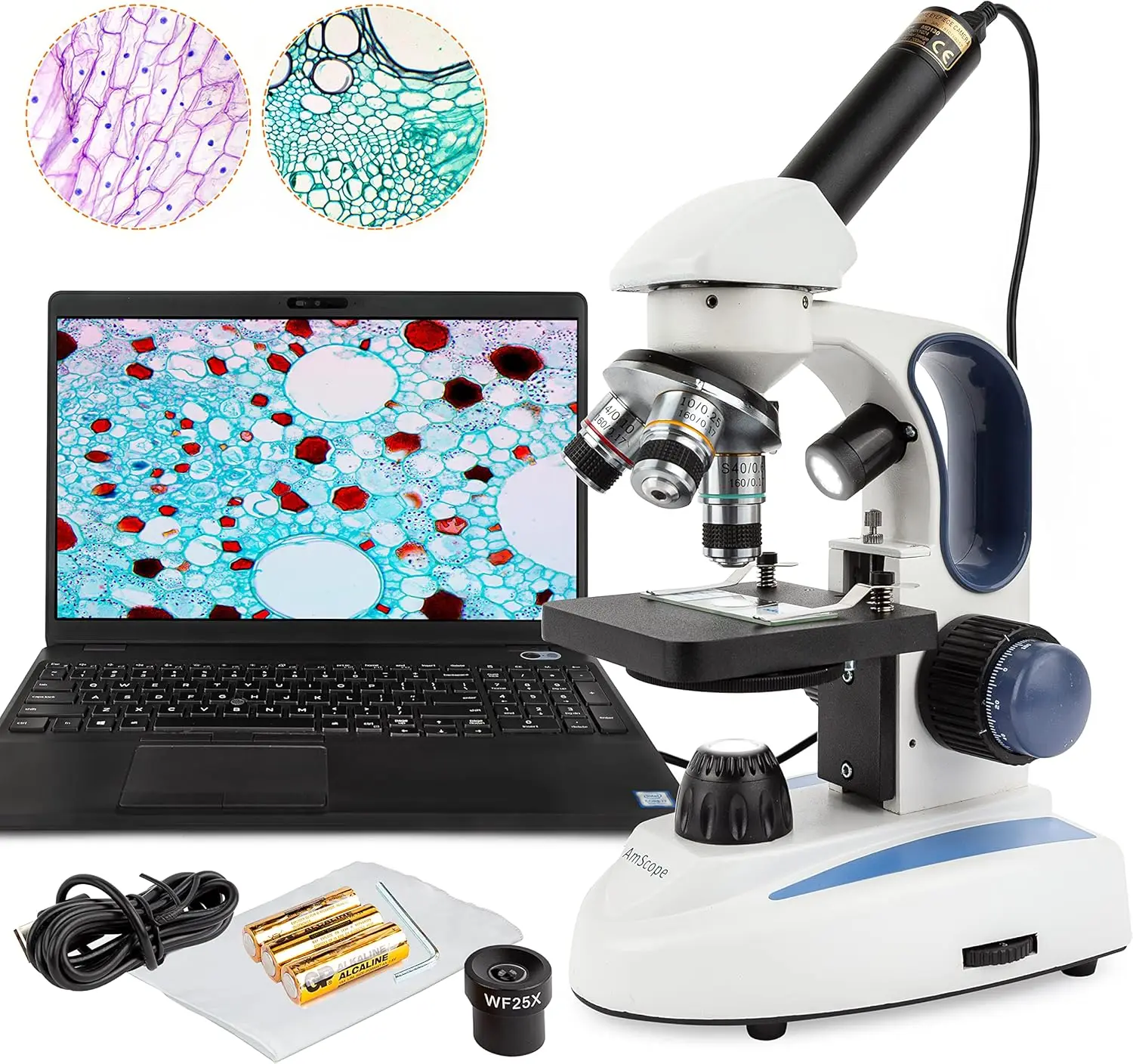 

M158C-E Compound Monocular Microscope, WF10x and WF25x Eyepieces, 40x-1000x Magnification, Brightfield, LED Illumination