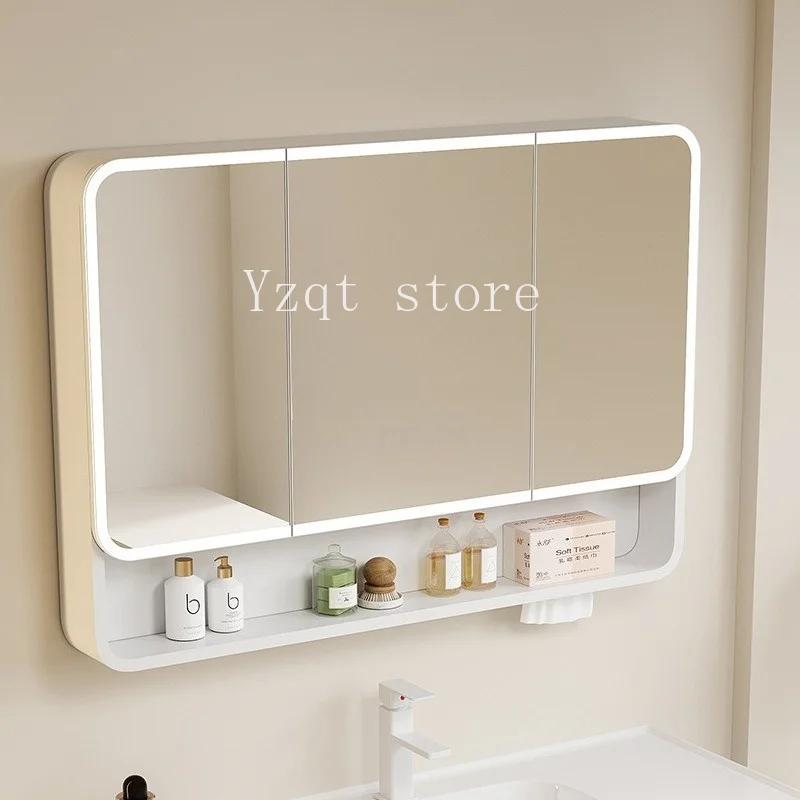 Elevated space aluminum bathroom mirror cabinet, separate bathroom, wall-mounted defogging with lamp storage, integrated rack