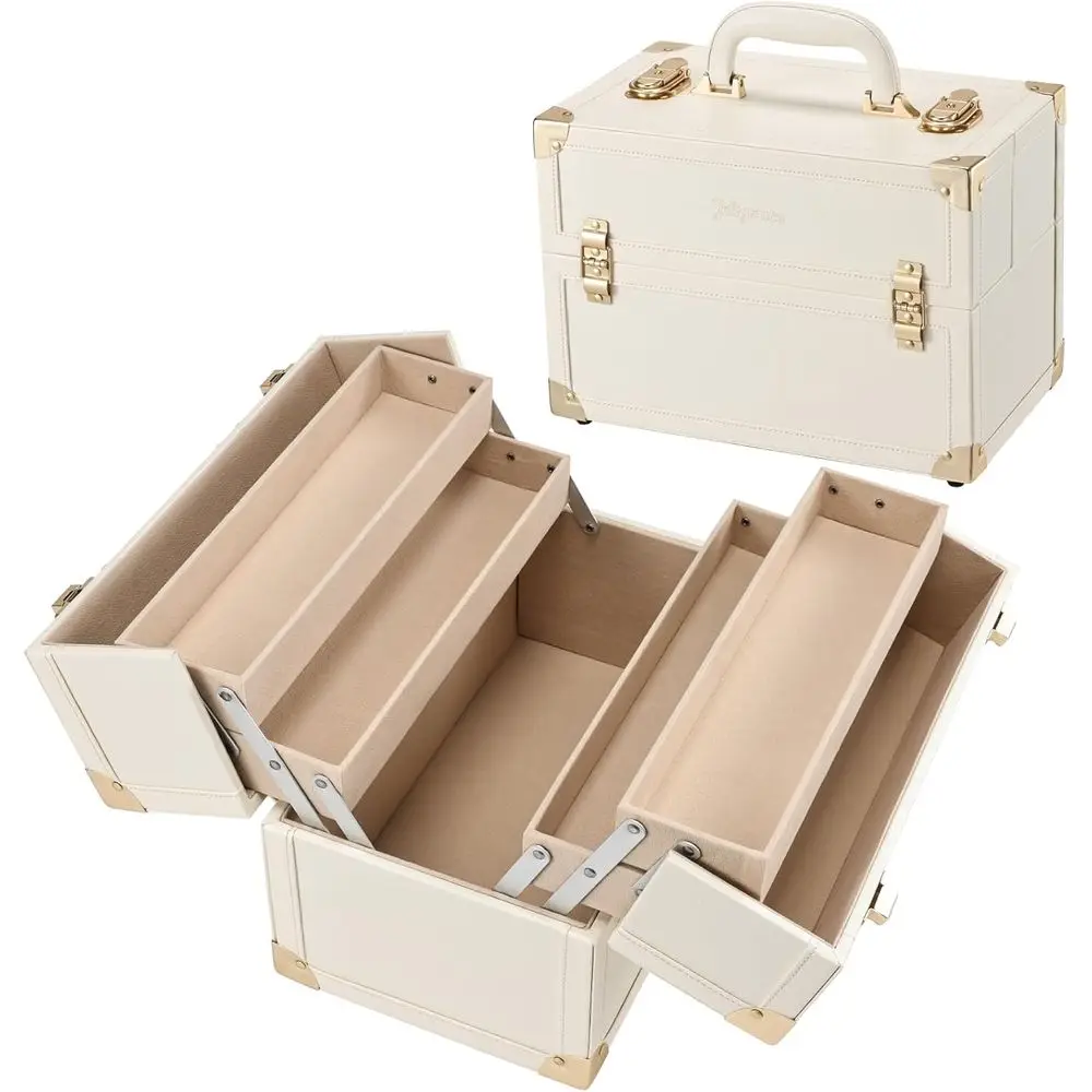 

Makeup Train Case Large Portable Cosmetic Makeup Storage Box Organizer Lockable with 4 Tray Compartments Retro Champag
