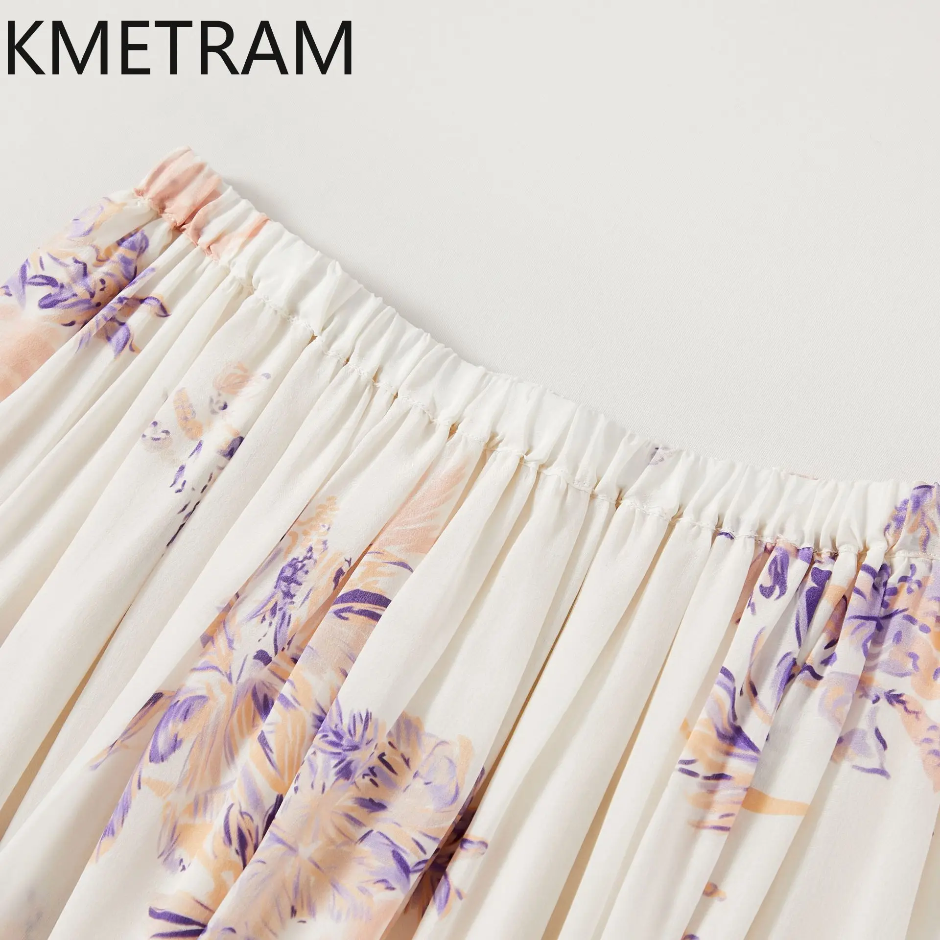 KMETRAM 100% Mulberry Silk Women's Skirts Elegant Floral Print A-line Long Skirt Summer Beach Skirts 2026 Woman Clothes faldas