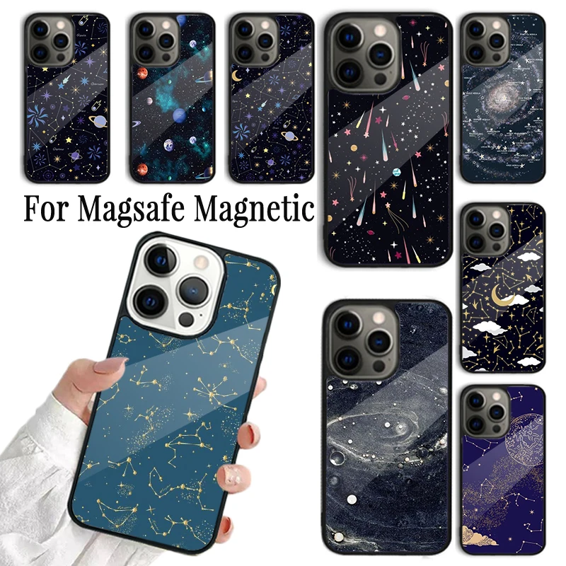 Phone Case For iPhone 16 15 14 13 12 11 Pro Max Plus Magsafe Magnetic Wireless Charging Starry Night space constellations stars