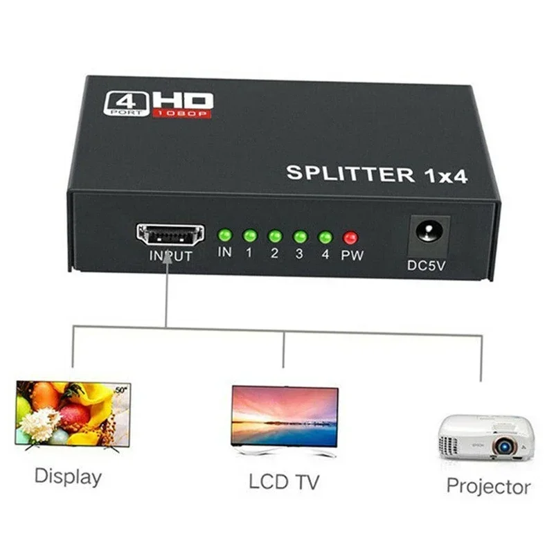 Répartiteur HDMI 1080p convertisseur audio-vidéo 1x4, 1 entrée 4 sorties, adaptateur d'affichage multi-écrans pour PS4, appareil photo, ordinateur portable, PC vers budgétaire TV