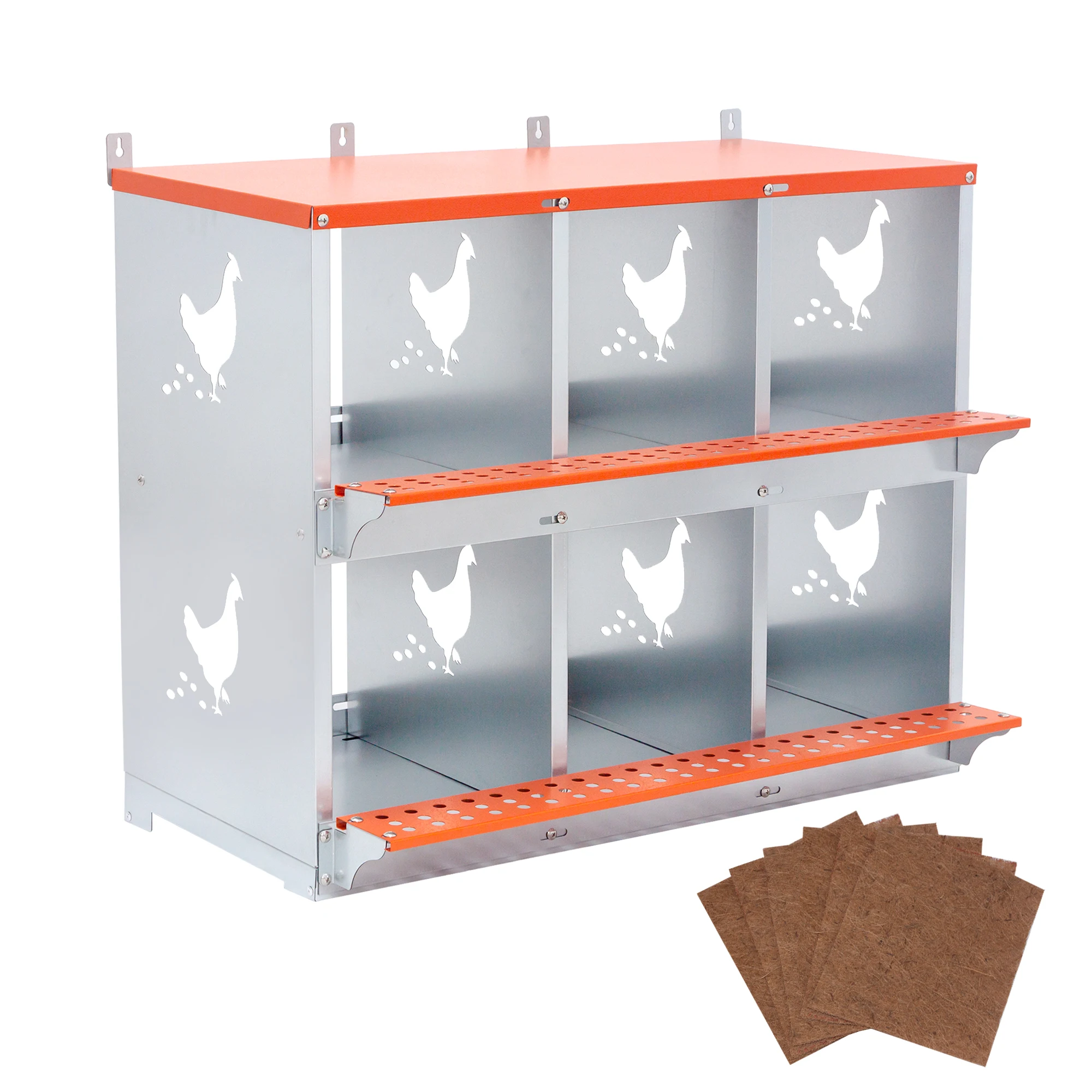 6 Bay Wall Mount Metal Nesting Box Heavy Duty Galvanized Steel Vented Egg Laying Coop for Hens and Ducks Orange Easy Assembly