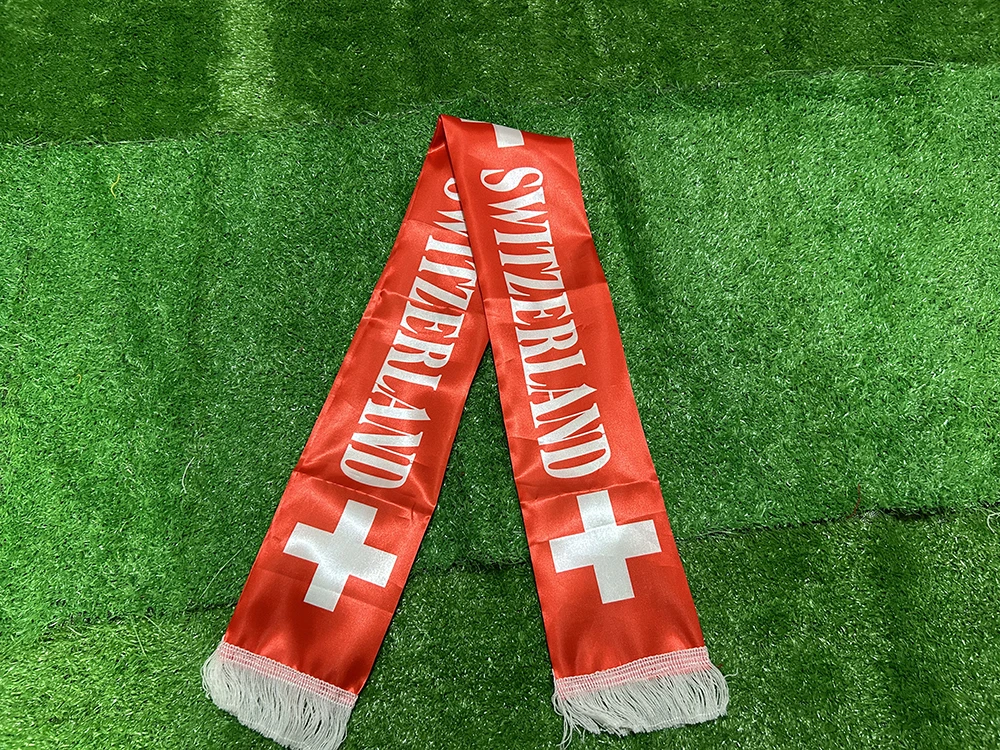 Customize 2026 Switzerland Scarf 14x135cm Double-sided Printed Satin Switzerland Flag Swiss Scarf Tassels Suitable for Football view 3