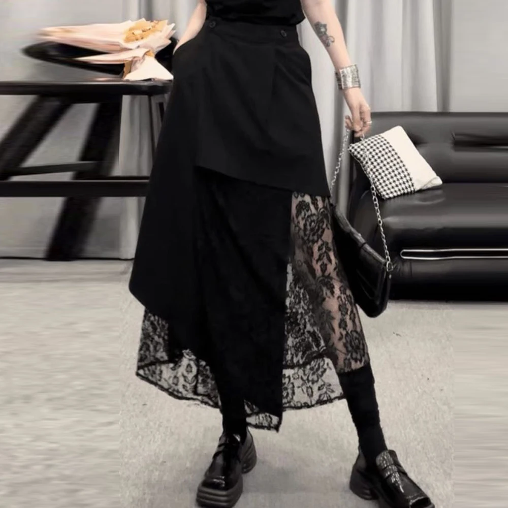 Irregular black lace summer 2025 new thin long slim high waist foreign A-shaped  y2k skirt slim fit korean fashion clothing
