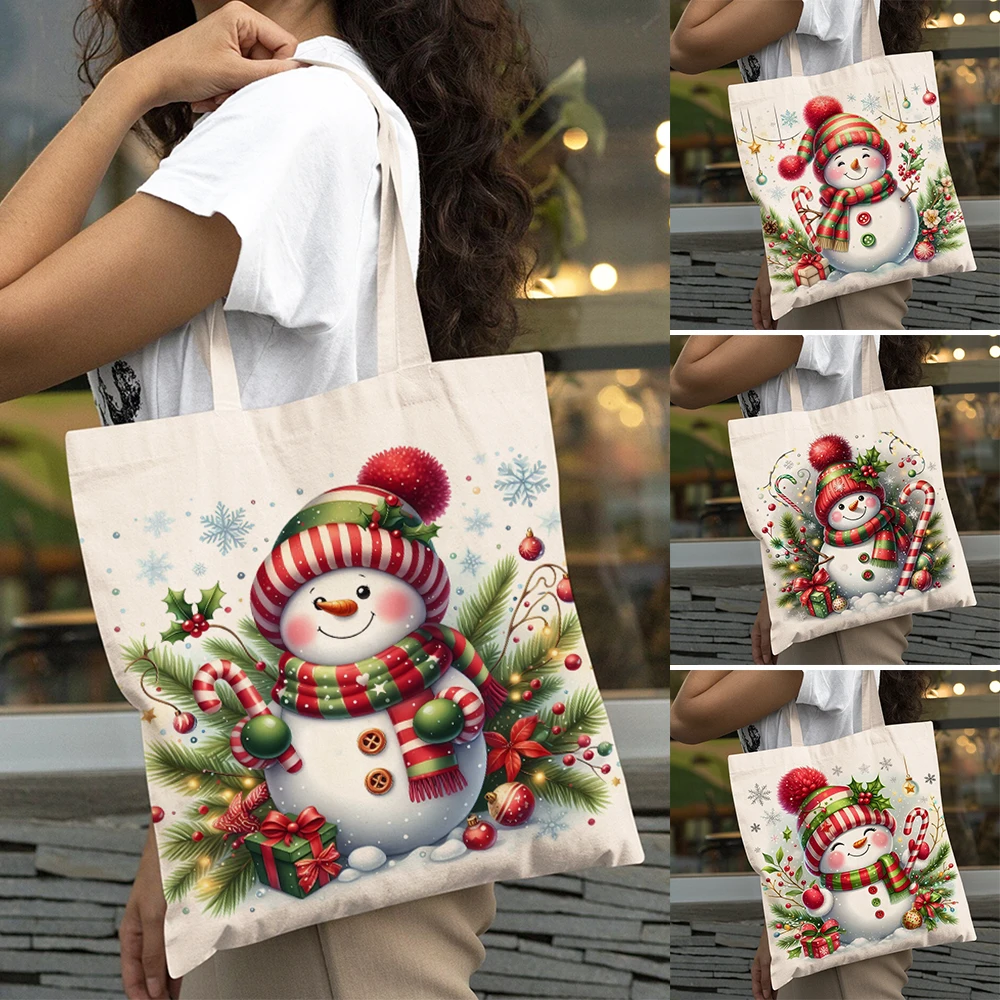 

Merry Christmas Cartoon Snowman Shopping Bags Double Print Big Capacity Women Shopper Bag Child Handbag Lady Shoulder Tote