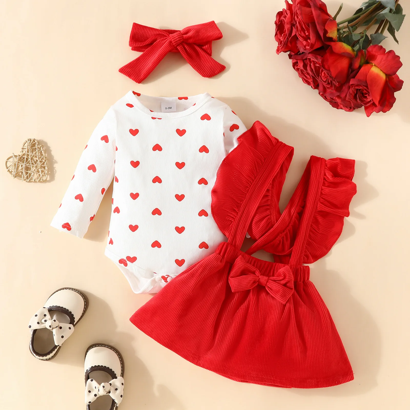 Adorable Baby Girls Winter Outfit Set Love Long Sleeved Top Corduroy Ruffle Edge Shoulder Strap Skirt Headband 3Piece Clothing