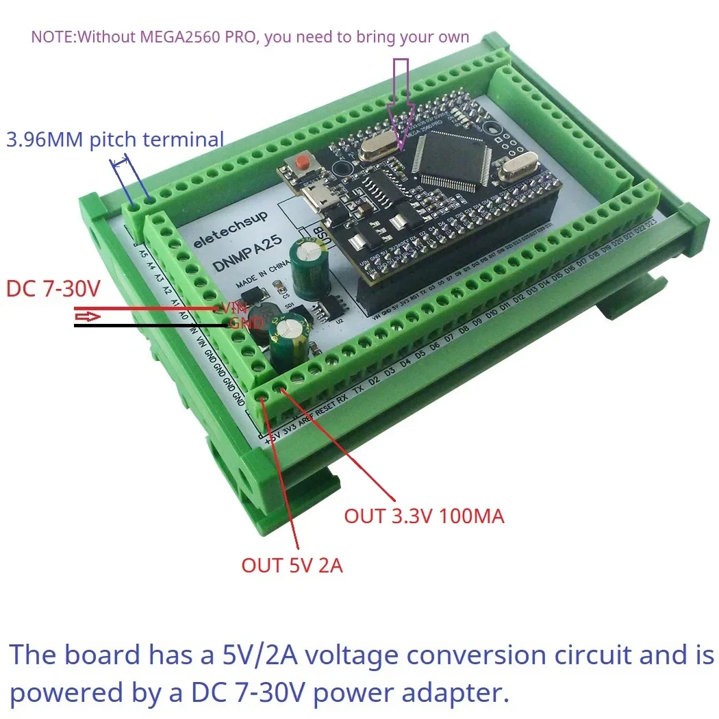 

DNMPA25 3.96mm Mount Screw Terminal Block Adapter Module DC-DC 5V 2A MEGA2560 PRO DIN Rail Expansion Board Converter for Arduino