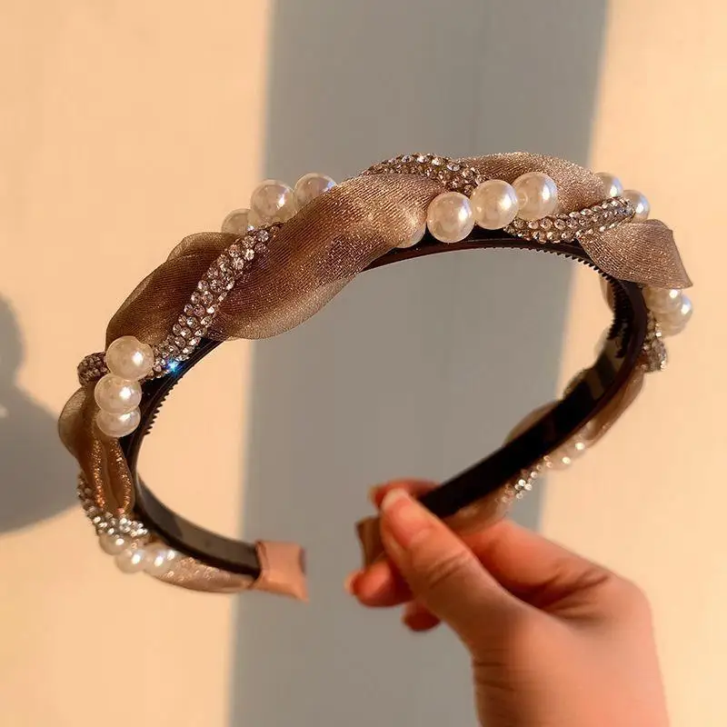 Advanced Water Diamond Pearl Hair Hoop for Women's New High Headtop Hair Comb with Temperament and Anti Slip Performance