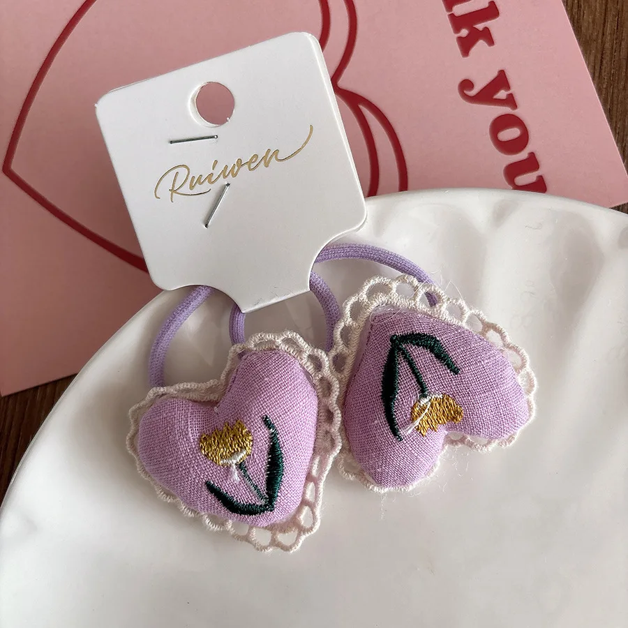 甘いガーリーレーストリム刺繍ハートふわふわシュシュ生地ヘアネクタイ韓国スタイルのヘアアクセサリー