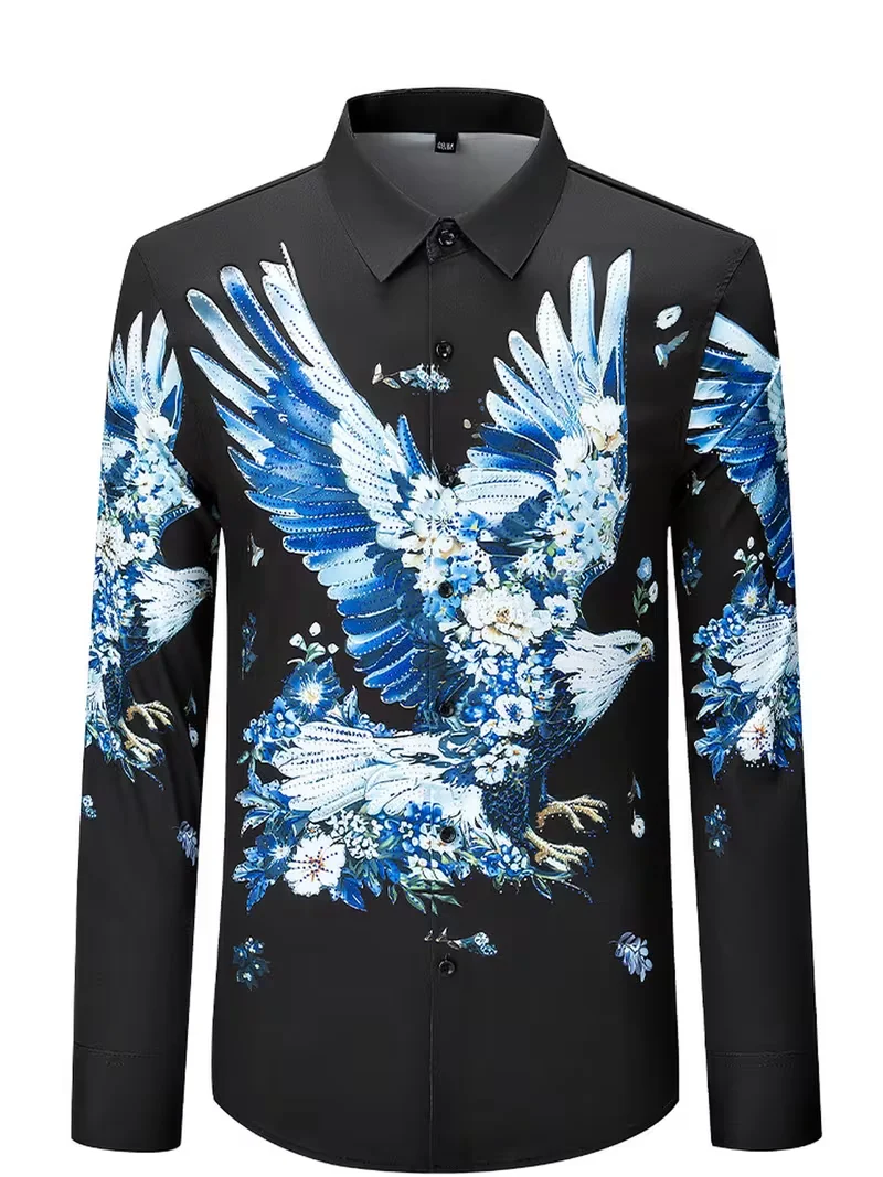 New luxury rhinestone 3D chain printed men's long sleeved shirt, floral casual shirt, social party top