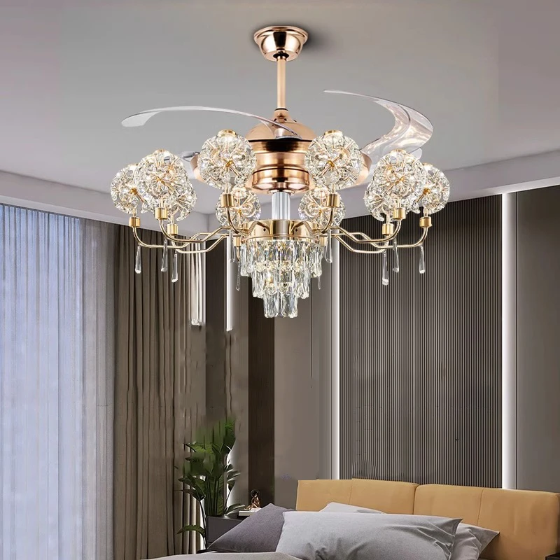 BOSSEN-Ventilateur en cristal doré, taille maximale de 52 pouces, corps en fer, lustre décoratif pour la maison, salon, salle à manger