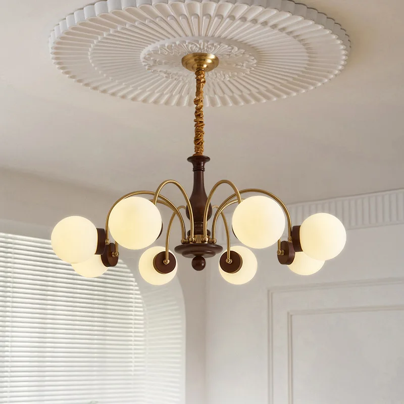 

French medieval style living room chandelier, all copper solid wood magic bean lamp, retro American bedroom lamp, new multi-head