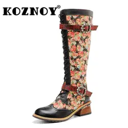 Koznoy Tacchi stampati 5 cm Nuova stampa etnica Pelle di pecora ZIP Autunno Primavera Stivaletti alti al ginocchio Donna Scarpe robuste taglie forti