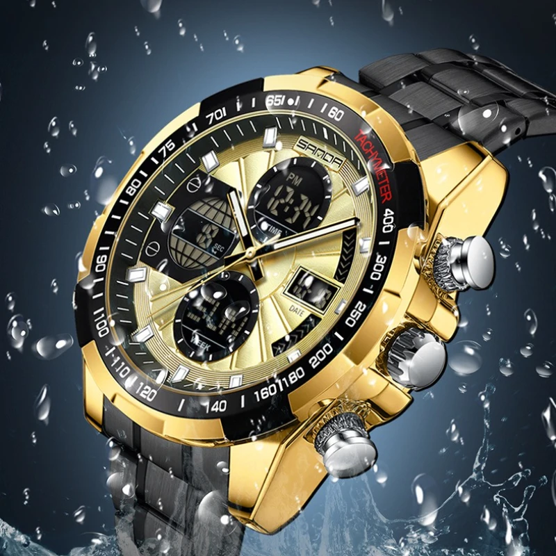 SANDA 5105 Men relógios Steel Strip Dual display Electronic Quartz Mens Watch Multi Functional Sport Waterproof Calendar Watches