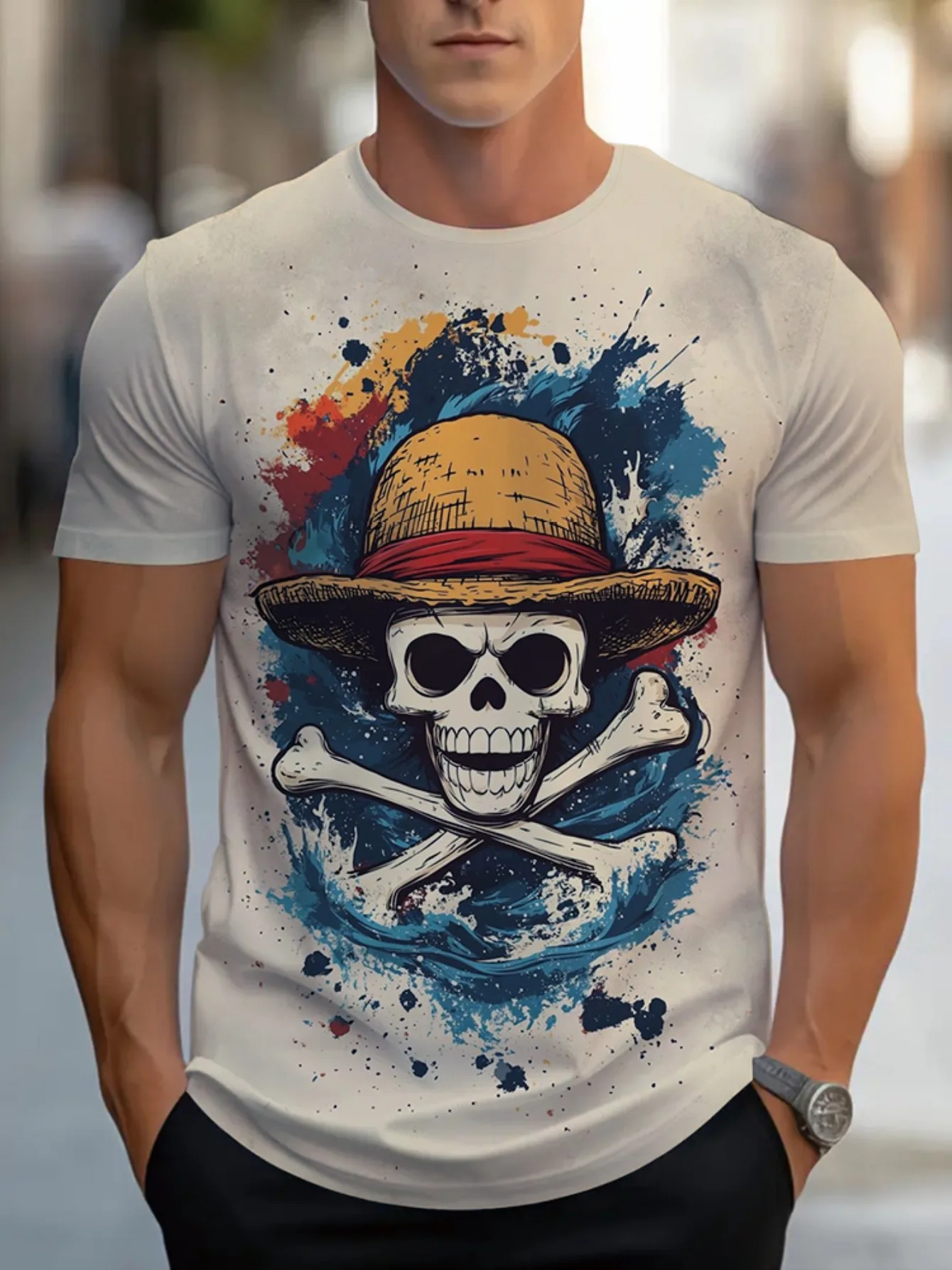 

One Piece Anime Printed Luffy Surrounding Round Neck Short Sleeve 2026 Spring/Summer Men's Loose Breathable Cotton T-shirt