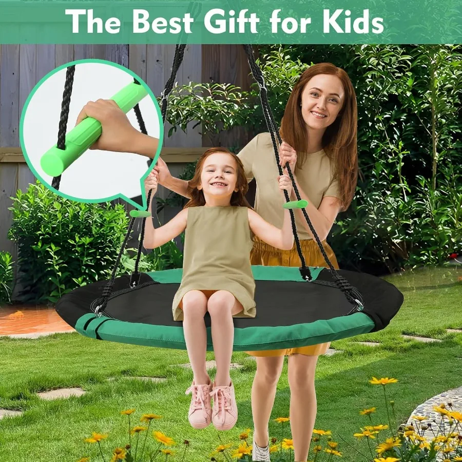 Round Saucer Swing with Handles - Made of Sturdy Frame PP Mat Adjustable Multi-Strand Ropes Safe and Durable for Yard Garden Pl