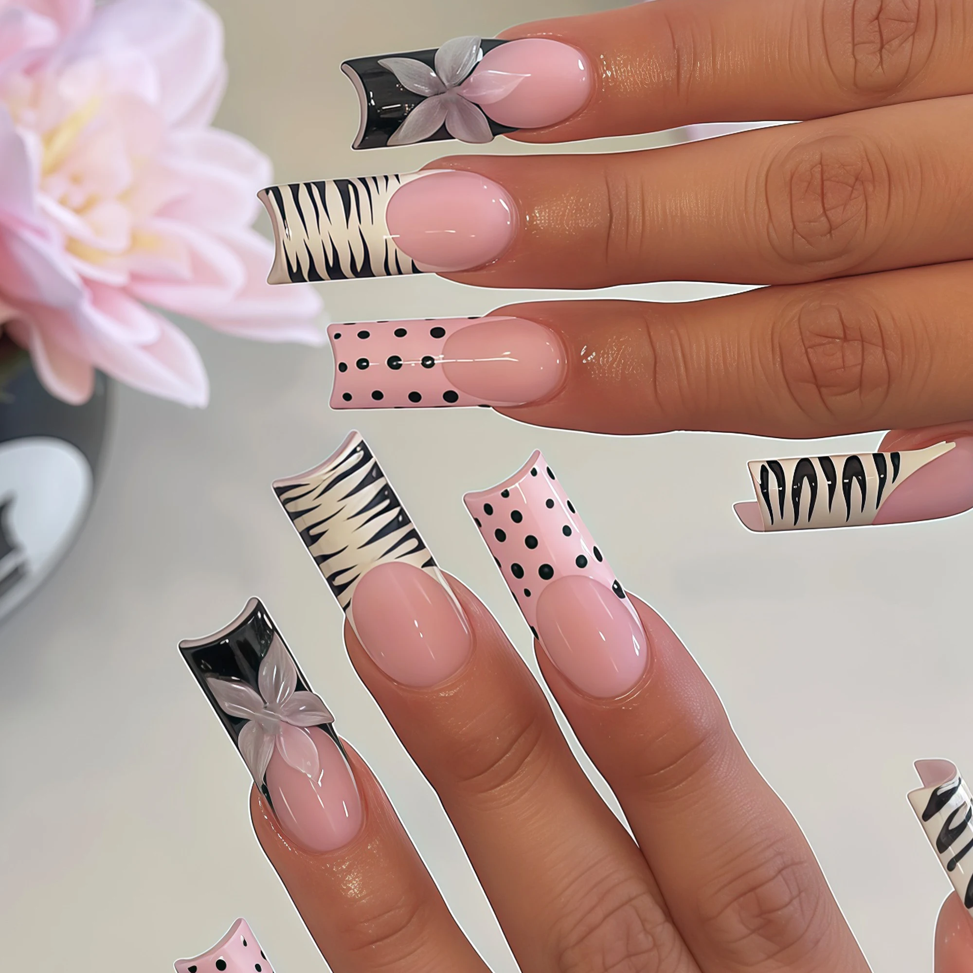 

24 шт. черных модных и стильных накладных ногтей во французском стиле в стиле Y2K, с элегантным цветочным узором в виде зебры, в горошек, подходят для весны и лета, для женщин и девушек, для повседневного ношения осенью и зимой, съемный набор накладных но