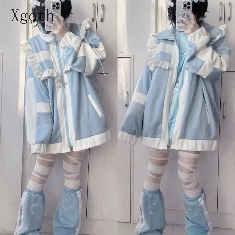 

Xgoth Japanese Style Hoodies Casual Patchwork Sports Coat Thickened Preppy Loose Ruffles Cardigan Winter Female Clothes Tops