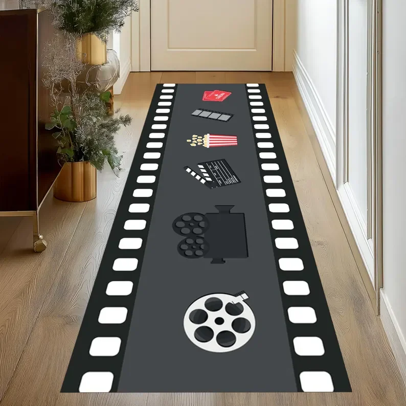 Film Reel Pattern Cinema Movie Room Floor Mat Non-Slip Runner Rug Decorative Home Theater Area Carpet Indoor Entrance Doormat