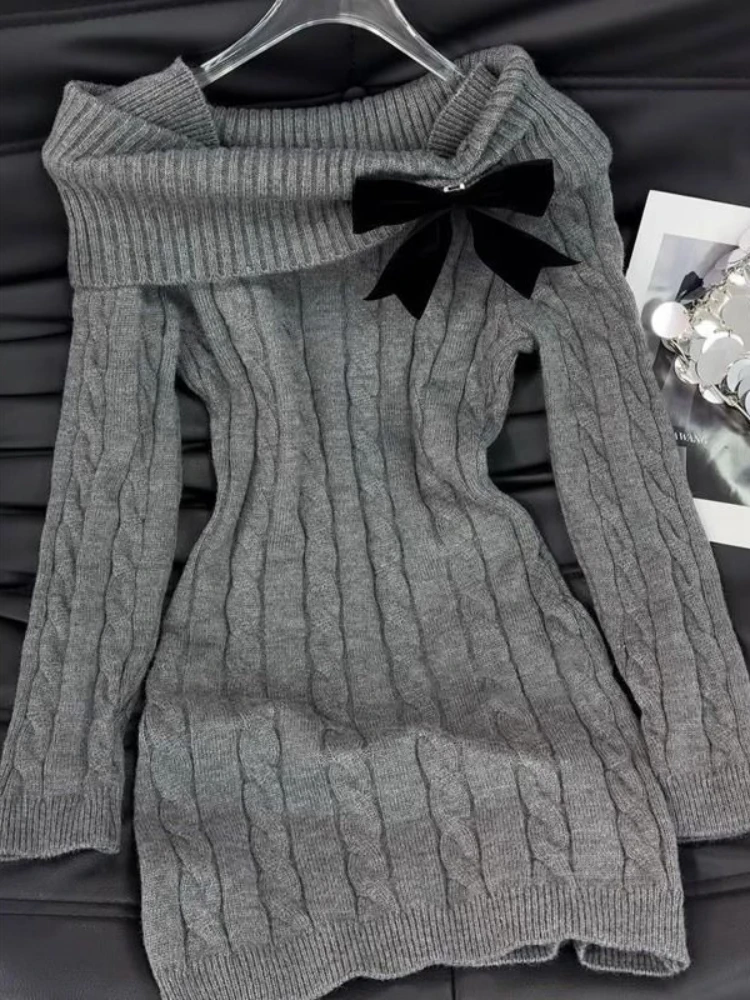 Französisch Elegante Off Schulter Bogen Mini Kleid Frauen Y2K Vintage Solide Langarm Gestrickte Kleid Herbst Winter Lässige Mode Kleid