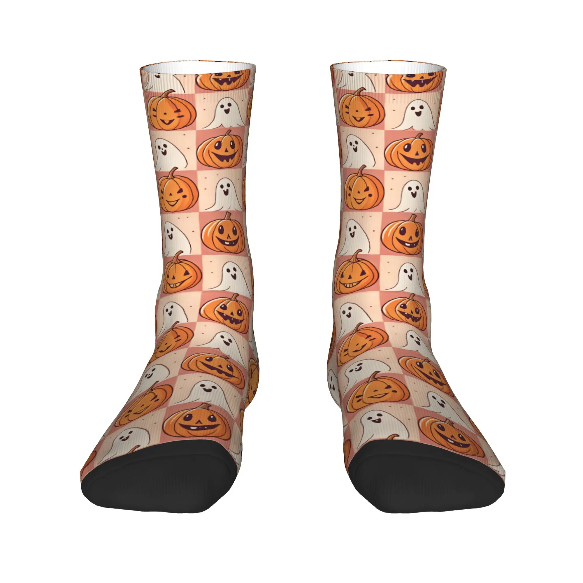 Halloween Checkerboard Pumpkin Ghost Seamless Pattern Stockings  Design Funny Socks Winter Non-Slip Socks Men Comfortable Socks
