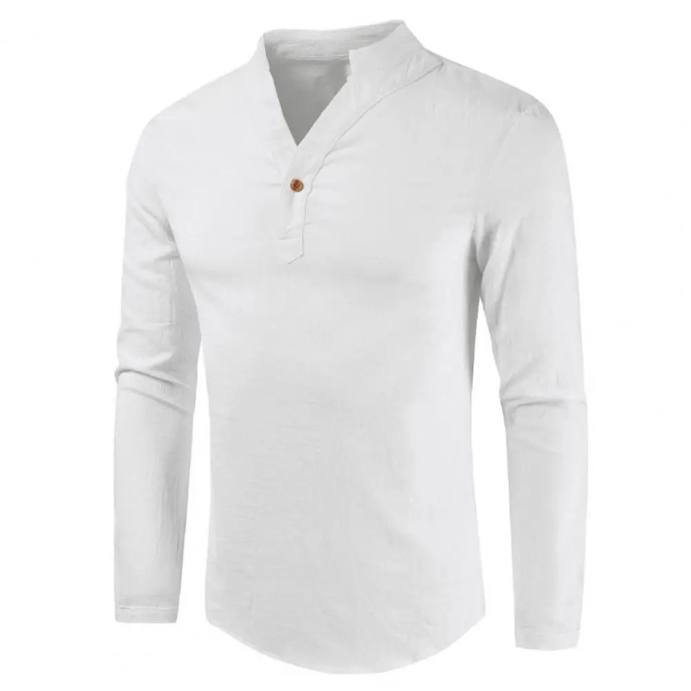 Men T-shirt Solid Color V Neck Casual One Button Spring Shirt for Daily Wear