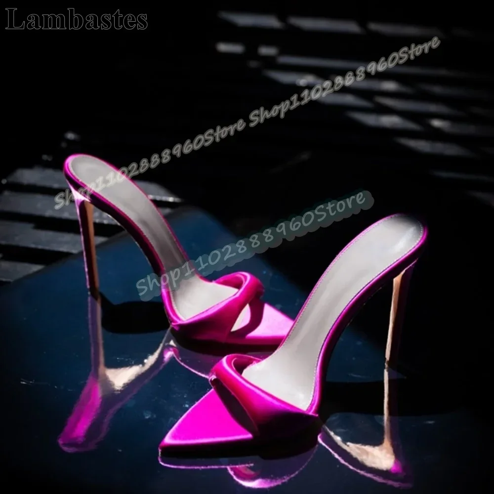 

Sexy Rose Red Satin Shallow Pointy Slippers Stilettos High Heel Shoes For Women Slip On Open Toe Luxury Gorgeous Silk Slippers