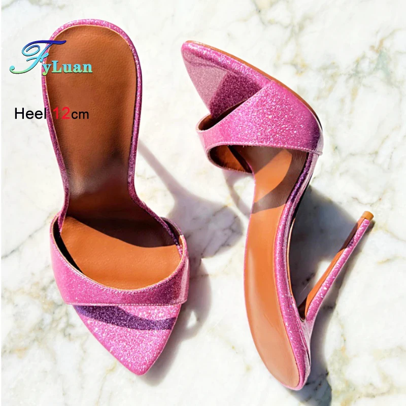 

Glitter Bling Women Sexy Pointy Toe Slippers Europe and America New High Heels Summer Slide Woman Shoes 12CM Stage Show Sandals