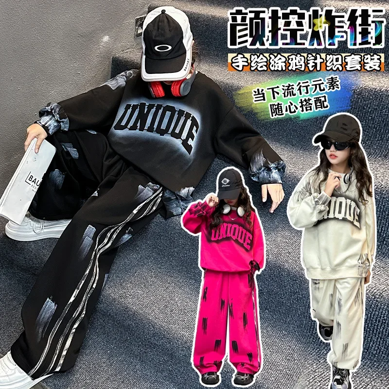 Autumn teenage girls graffiti Sports suit Cotton sweatshirt+casual pants 2pcs junior kids suit children outfits ensemble fille