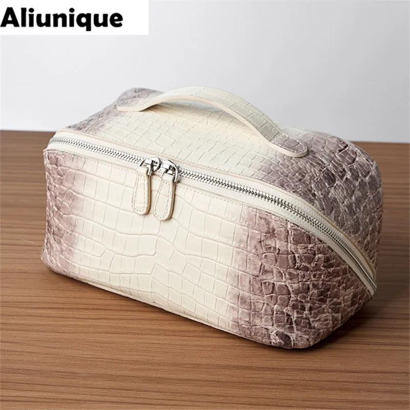 Women New Premium Makeup Bag Genuine Leather Cosmetic Portable Travel Toiletry Himalaya Color Crocodile Embossing Cosmetic Bag