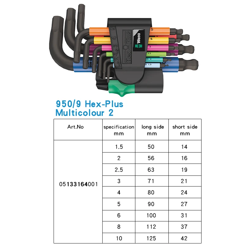 WERA 05133164001 9 Pcs Short L-Shape Metric Stainless Hex Key Set 1.5-10mm 950/9 Hex-Plus Portable Multicolour Hex Hand Tools