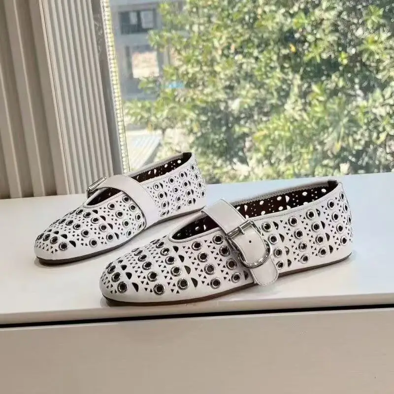 Designer Brand Original Round Head Mesh One Word Buckle Ballet Shoes Water Diamond Flat Shoes Riveted Hollow Mary Jane Shoes