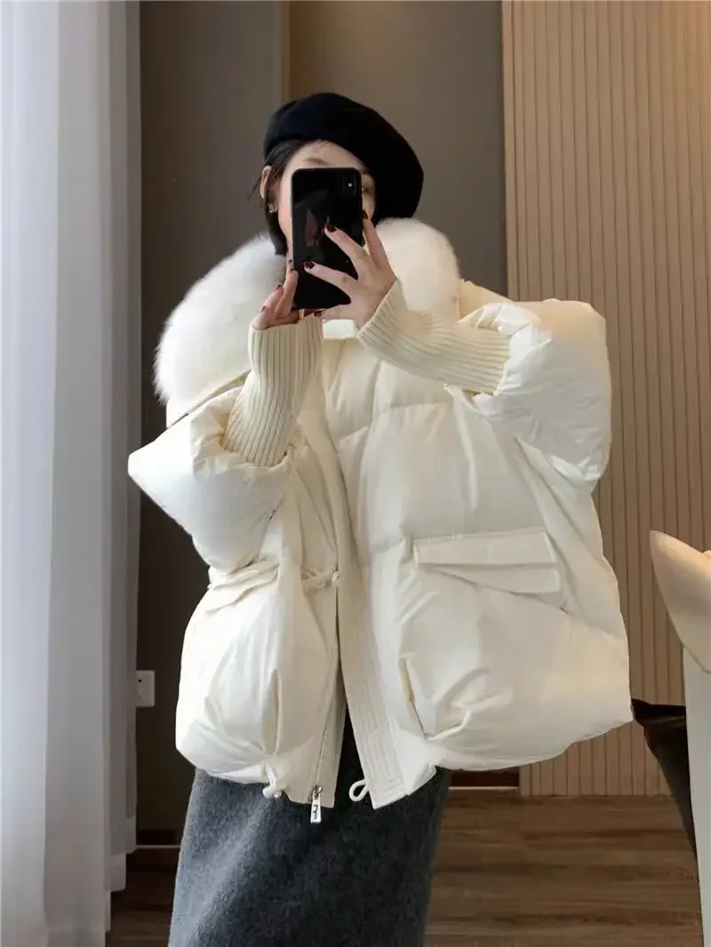 Frauen Winter Neue Pelz Kragen Puffer Unten Parka Lose Unten Wärmer Verdicken Schnee Jacke Tasche Zipper Faux Pelz Oberbekleidung Weibliche