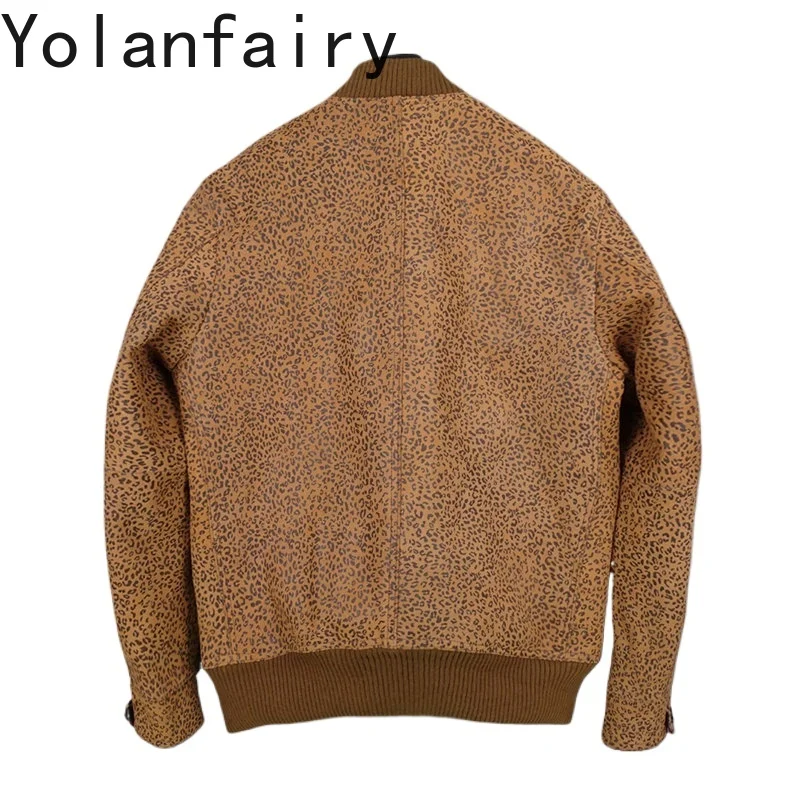 YOLANFAIRY 100% Genuine Leather Jacket Men Fashion Real Cow Leather Coat Man Clothes Men's Vintage Suede Leopard Print Jacket