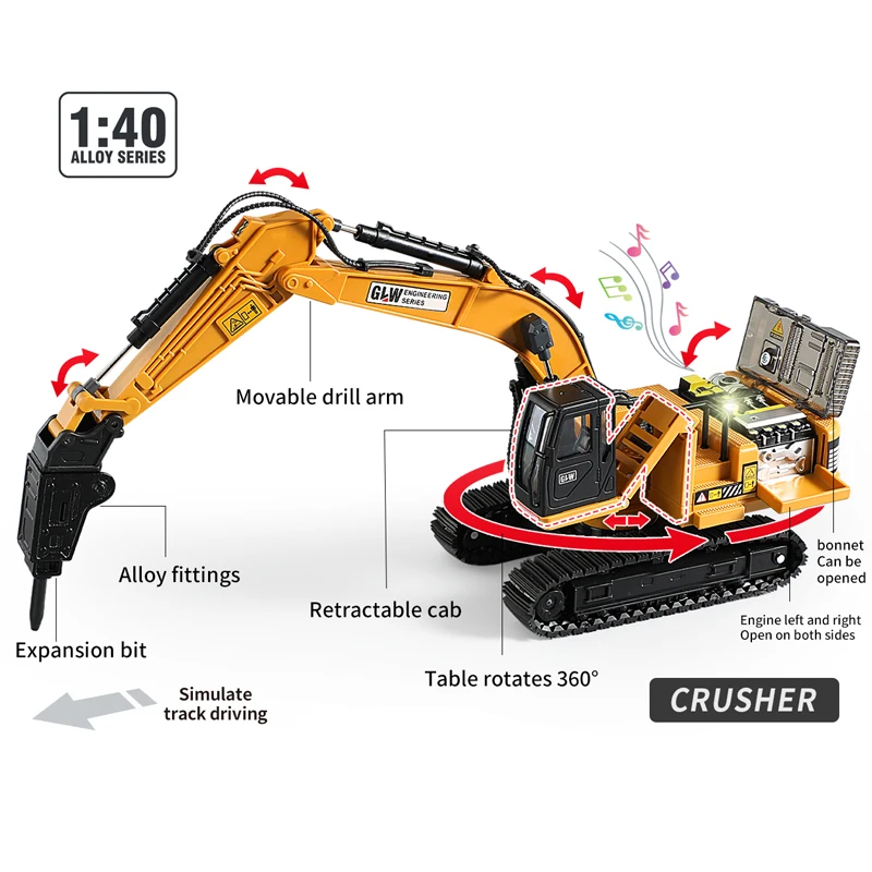 آلة الحفر سبيكة + البلاستيك دييكاست لعبة نموذج الهندسة الصوت ضوء التراجع البناء جمع الهدايا للأطفال