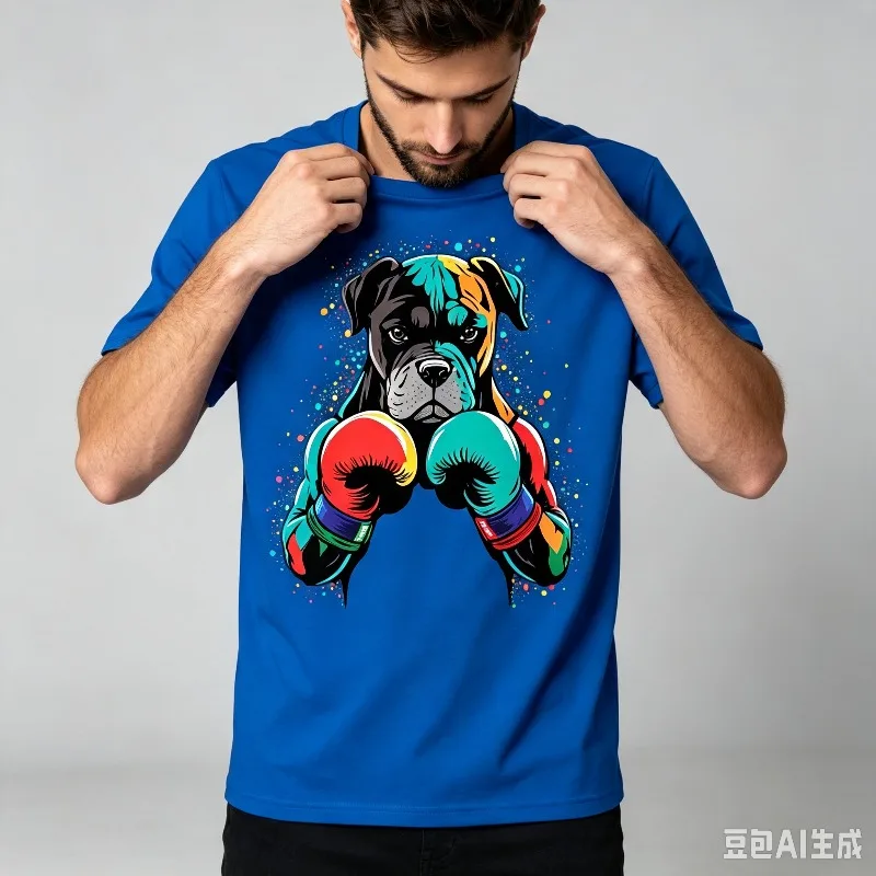 Men Boxing Dog Pop Art Graphic T-Shirt 100% Cotton Colorful Dog Boxing Print Casual Short Sleeve Tee for Sports Pet Lover Wear